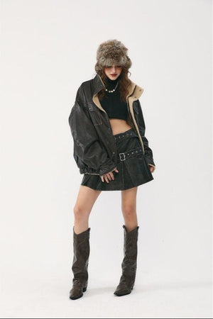 Winter Coat PU Leather Coat with Lamb Wool Lining - MRC STORE