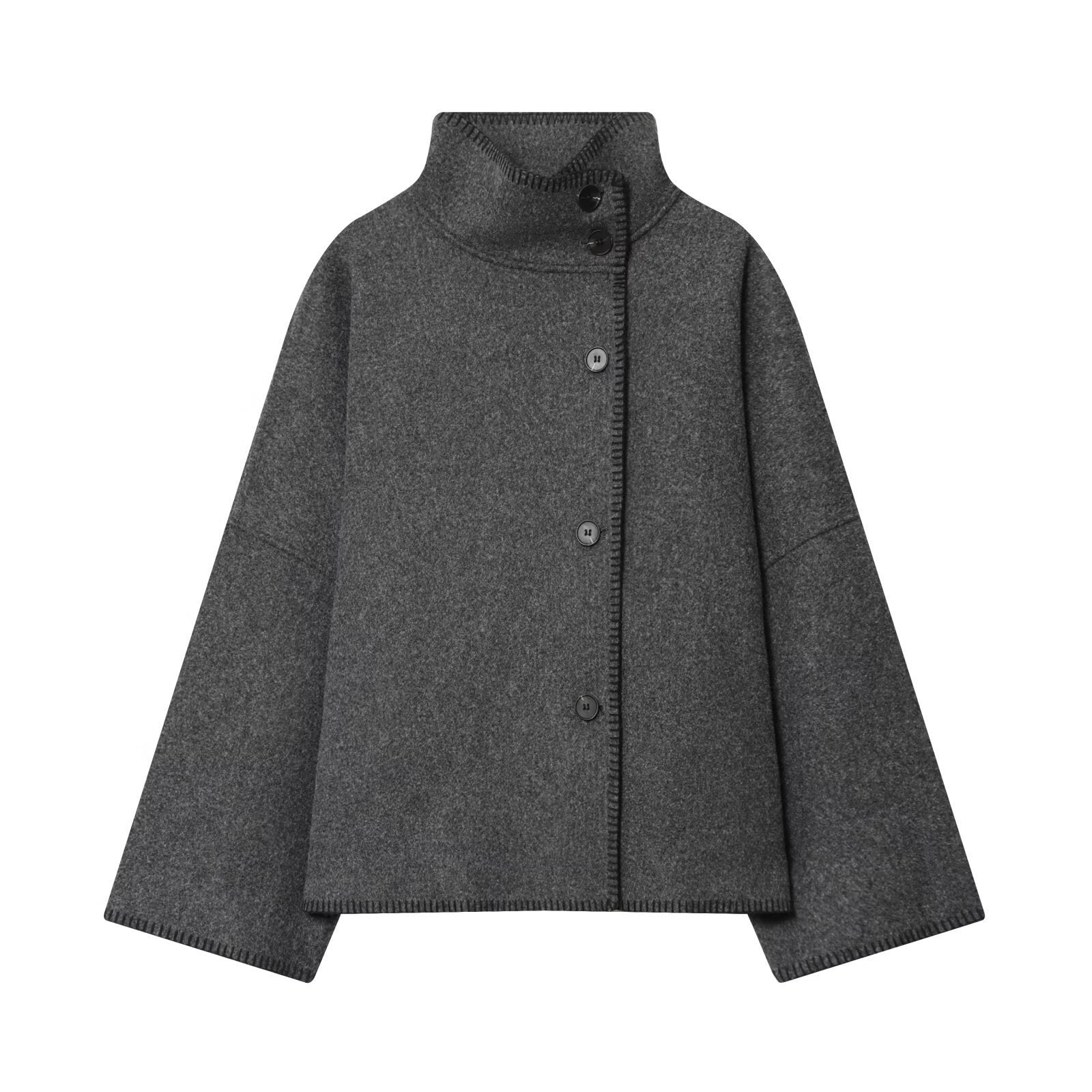 Gray coat with a high collar on a white background