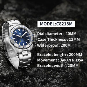 CADISEN Model C8218M new top brand sports men mechanical watches luxury automatic NH35 watch men's stainless steel 200M waterproof watch - MRC STORE