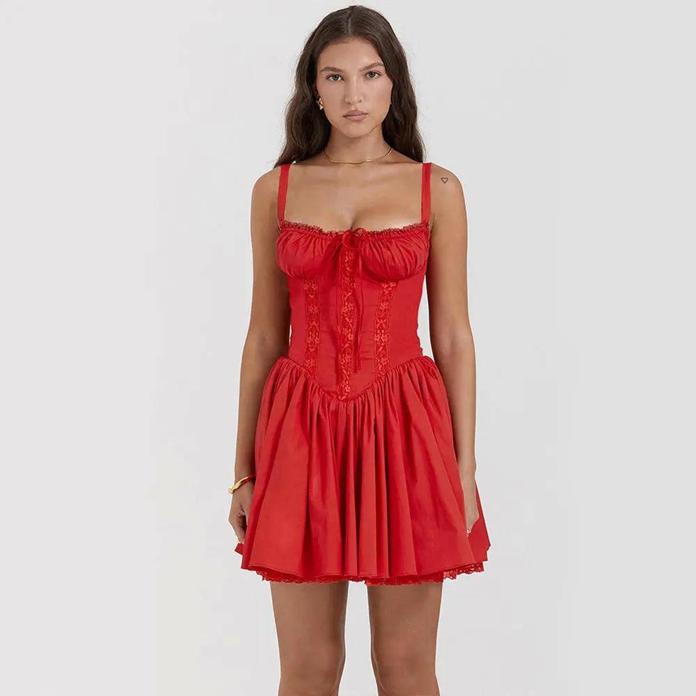 A model wearing a red sleeveless mini dress with lace details and a large swing skirt, available in various colors.
