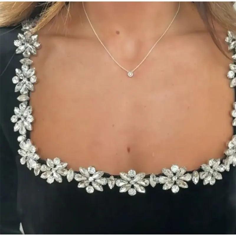 Elegant Square Neck Long-Sleeve Dress – Rhinestone Flower Design A-Line Dress - MRC STORE