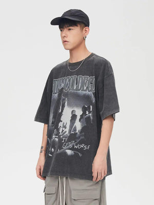 Vintage T-shirts Washed Print Short Sleeve - MRC STORE