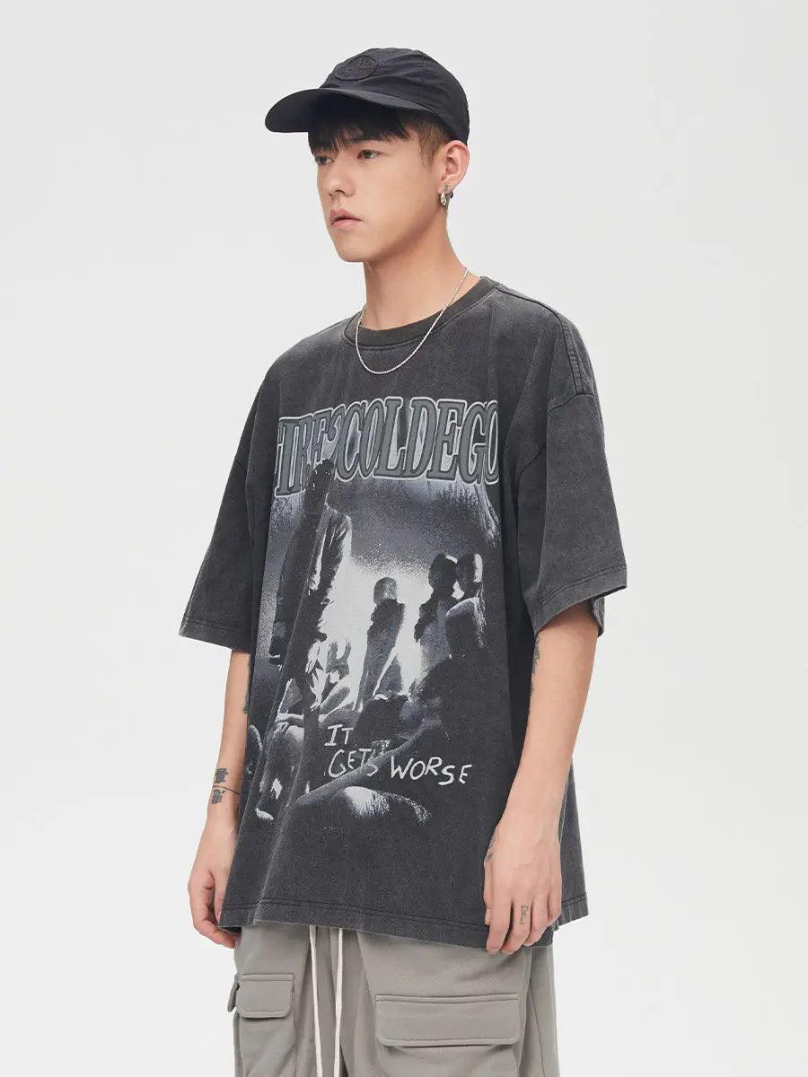 Vintage T-shirts Washed Print Short Sleeve - MRC STORE