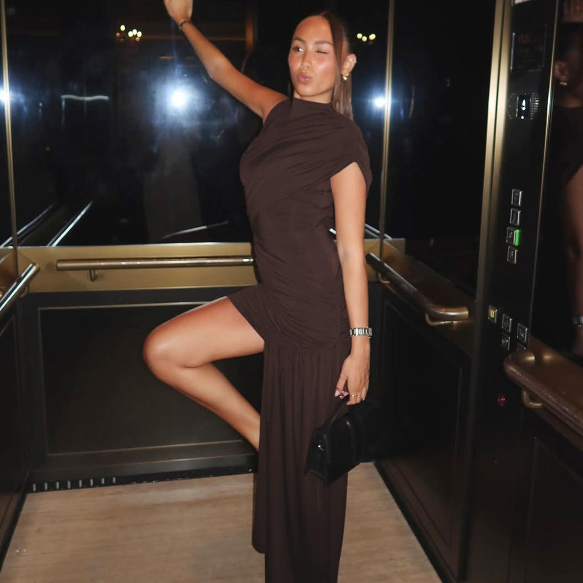 Women's Fashion Slim Round Neck Pleated Dress - Mid Waist My Store