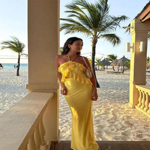 Yellow Halter Spaghetti Strap High Waist Skirt Suit - MRC STORE