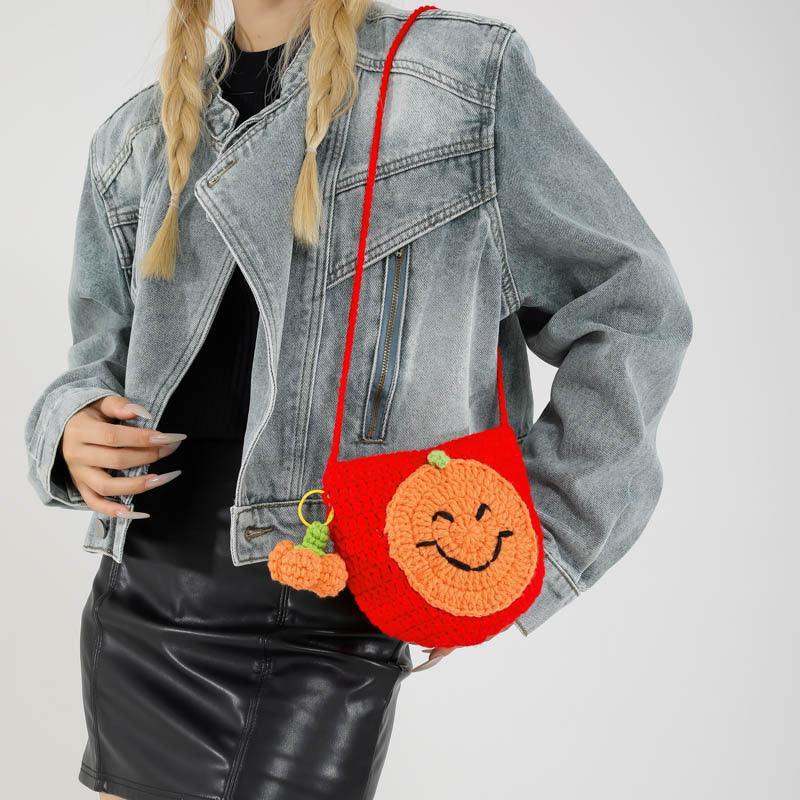 Halloween Handmade Wool Bat & Pumpkin Woven Shoulder Messenger Bag - MRC STORE