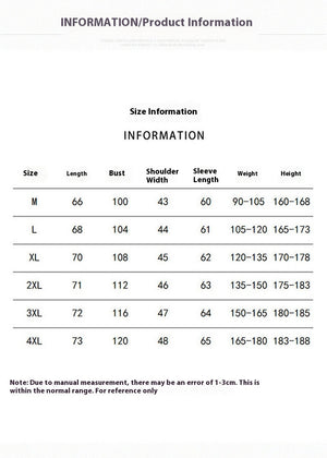 Size chart for clothing with measurements in centimeters