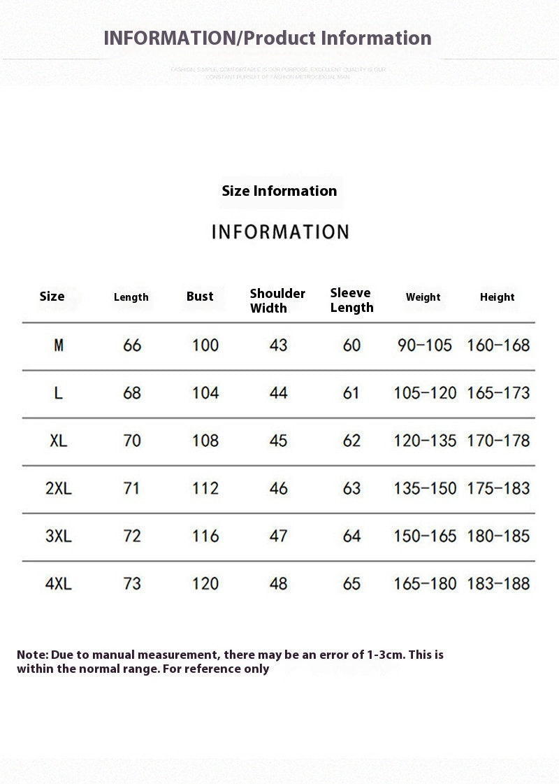 Size chart for clothing with measurements in centimeters