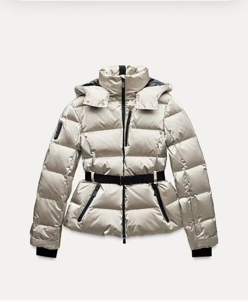 Belted Stand Collar Ski Puffer Jacket MRC STORE 120.99