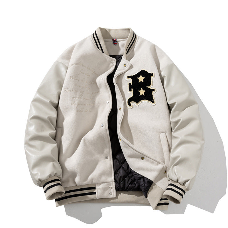 White varsity jacket with black letter 'R' design on a white background