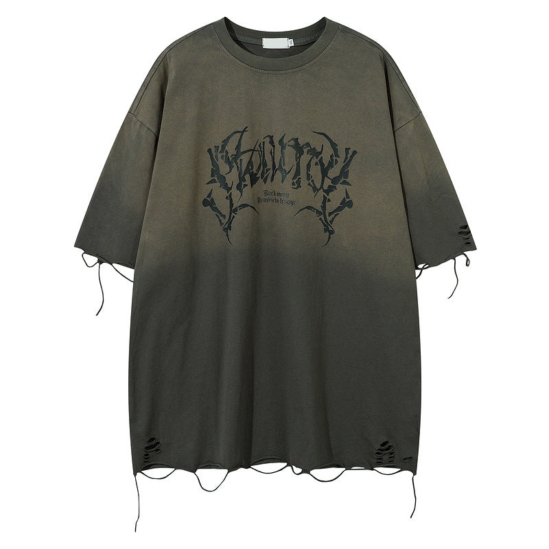 A men's retro t-shirt with a tattered loose print, featuring a letter pattern in black and gray hues on a dark background, designed for summer leisure.