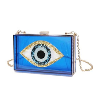 Luxury White Marbled Acrylic Clutch with Evil Eye Chain – Designer Summer Handbag