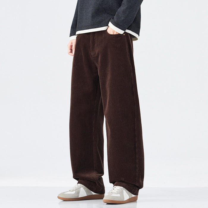 Brown wide-leg pants worn by a person on a white background