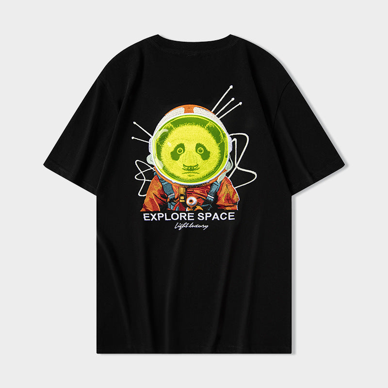 Short Sleeve Space Panda Embroidery T-Shirt - Heavy Craft My Store  27.17