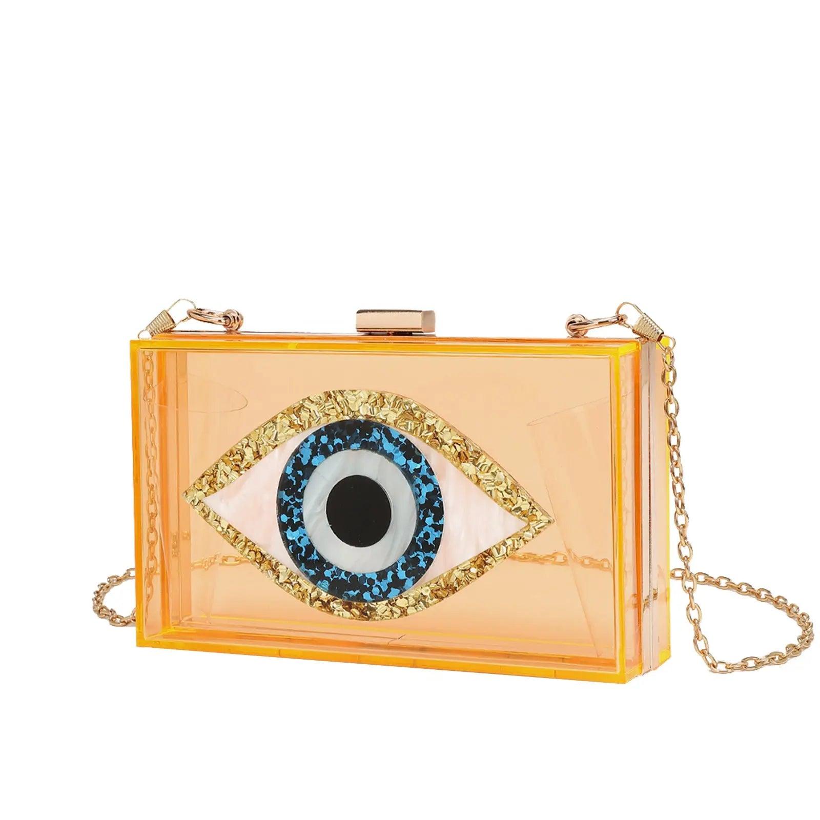 Luxury White Marbled Acrylic Clutch with Evil Eye Chain – Designer Summer Handbag - MRC STORE