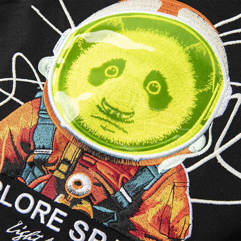 Short Sleeve Space Panda Embroidery T-Shirt - Heavy Craft My Store