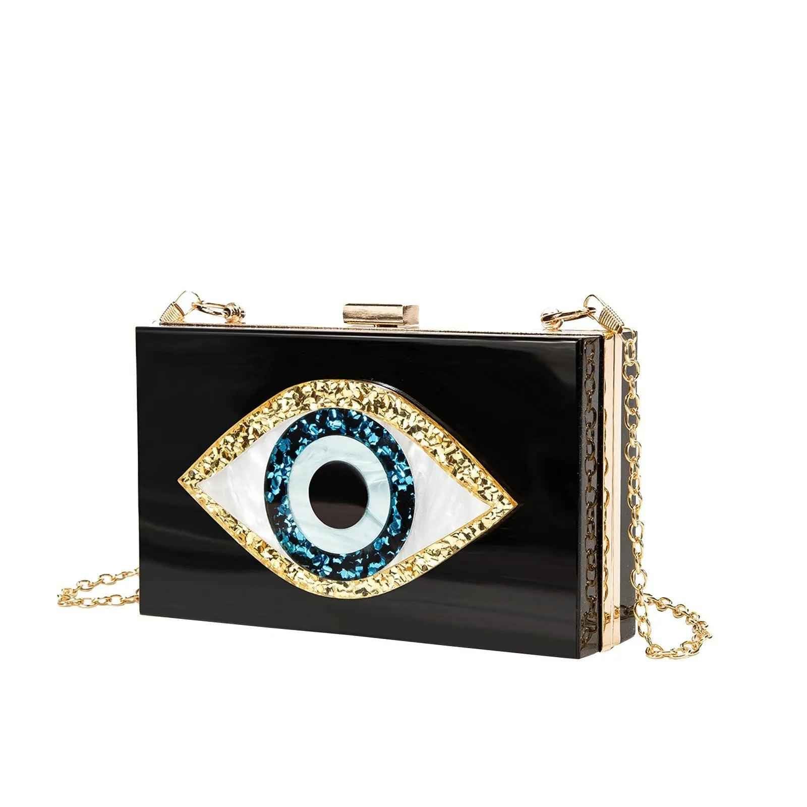 Luxury White Marbled Acrylic Clutch with Evil Eye Chain – Designer Summer Handbag