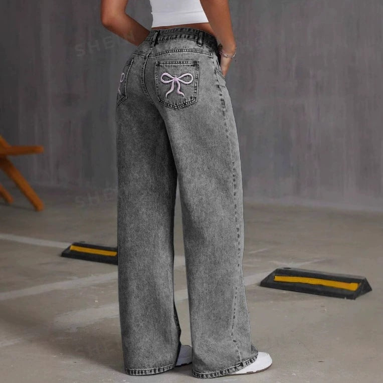 Vintage Bow Embroidered Washed Jeans for Women - Straight Loose Trousers My Store  29.99