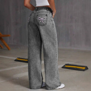 Vintage Bow Embroidered Washed Jeans for Women - Straight Loose Trousers My Store  29.99