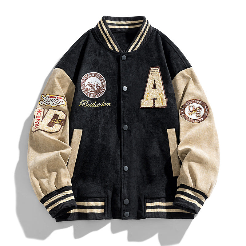 American Retro Loose Letter Baseball Jacket – Black & Green Leisure Wear