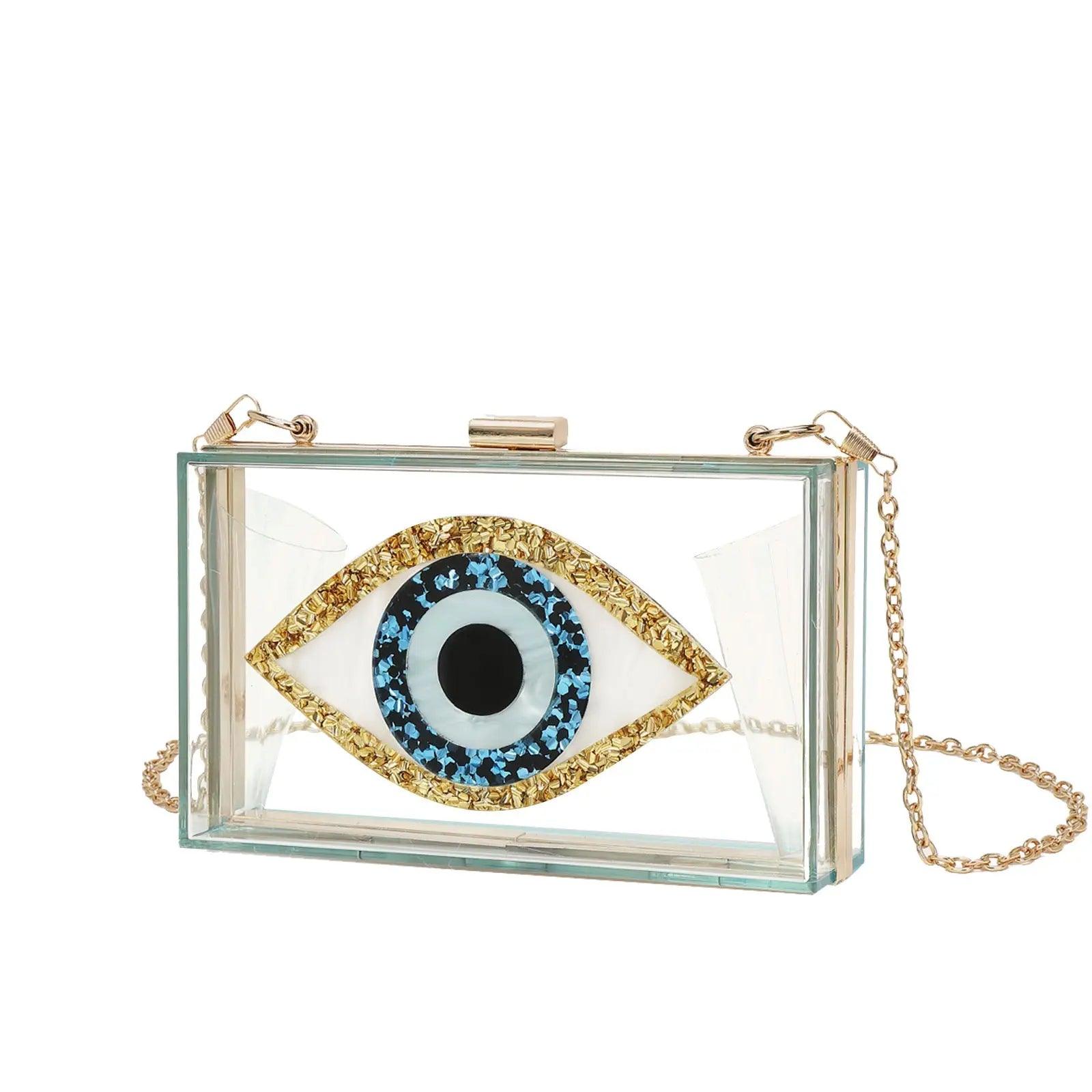 Luxury White Marbled Acrylic Clutch with Evil Eye Chain – Designer Summer Handbag - MRC STORE