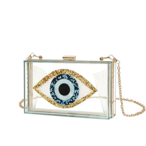Luxury White Marbled Acrylic Clutch with Evil Eye Chain – Designer Summer Handbag - MRC STORE