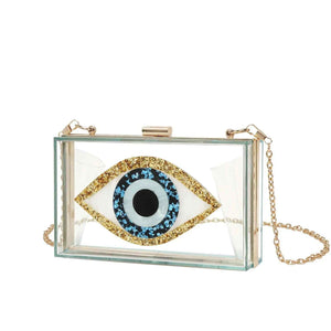 Luxury White Marbled Acrylic Clutch with Evil Eye Chain – Designer Summer Handbag