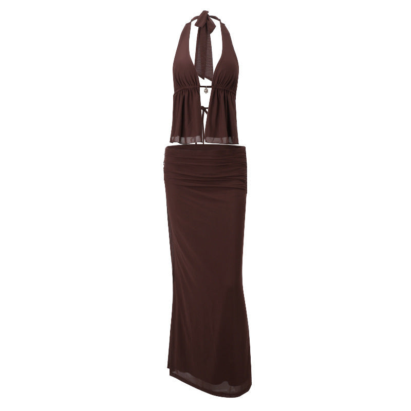 Women’s Halter Skirt Suit - Cut-Out Brown Set My Store