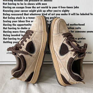 Beige sneakers with brown accents on a light gray surface, with text overlay.