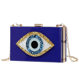 Luxury White Marbled Acrylic Clutch with Evil Eye Chain – Designer Summer Handbag - MRC STORE