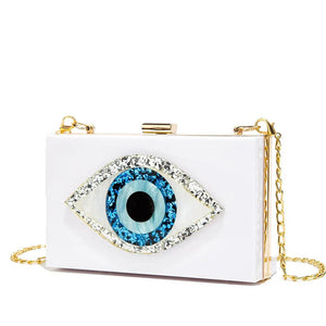 Luxury White Marbled Acrylic Clutch with Evil Eye Chain – Designer Summer Handbag - MRC STORE