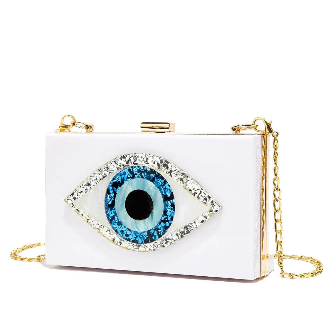 Luxury White Marbled Acrylic Clutch with Evil Eye Chain – Designer Summer Handbag - MRC STORE