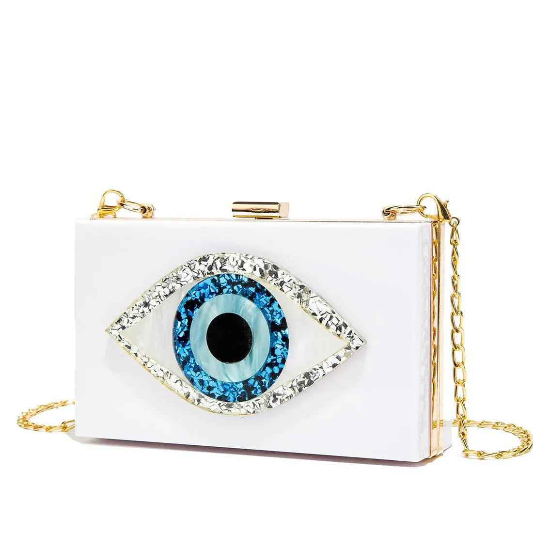 Luxury White Marbled Acrylic Clutch with Evil Eye Chain – Designer Summer Handbag