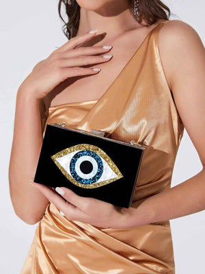 Luxury White Marbled Acrylic Clutch with Evil Eye Chain – Designer Summer Handbag