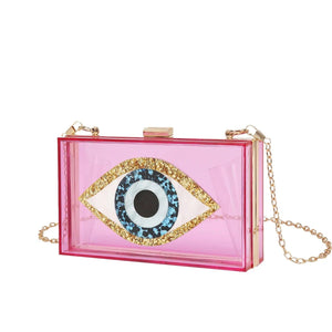 Luxury White Marbled Acrylic Clutch with Evil Eye Chain – Designer Summer Handbag - MRC STORE