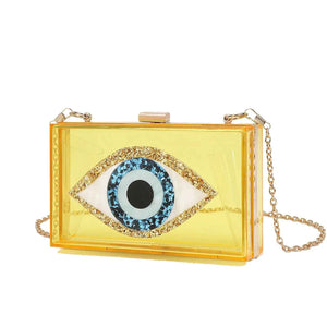 Luxury White Marbled Acrylic Clutch with Evil Eye Chain – Designer Summer Handbag