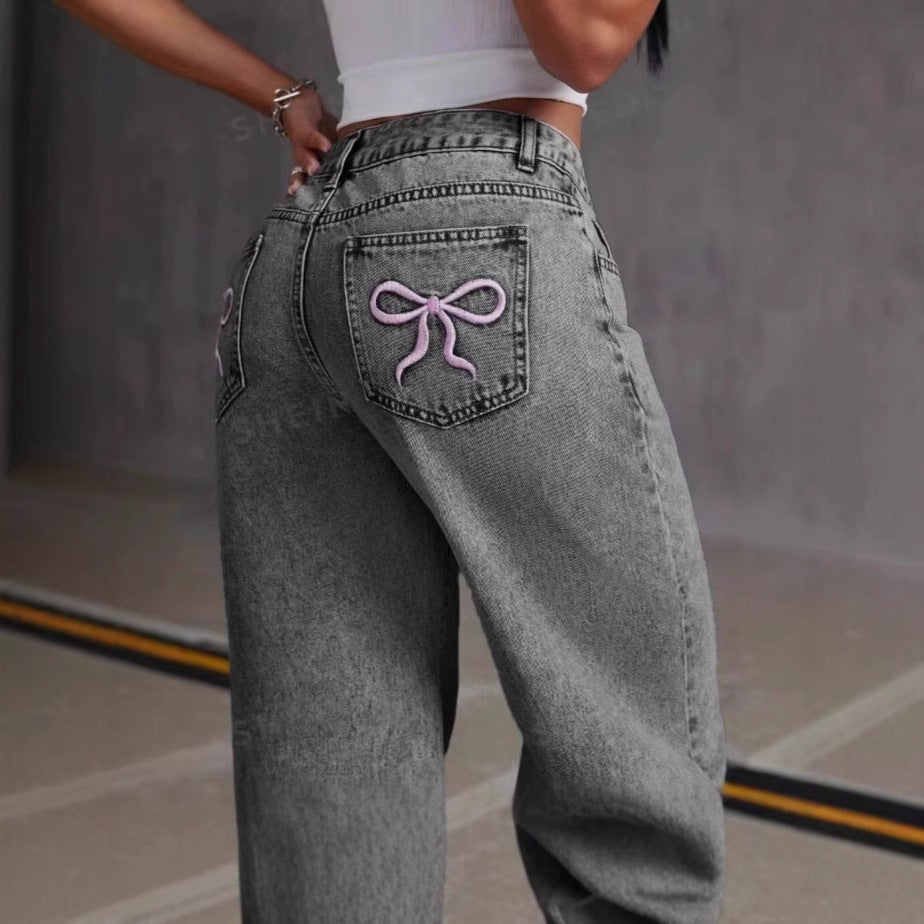 Vintage Bow Embroidered Washed Jeans for Women - Straight Loose Trousers My Store