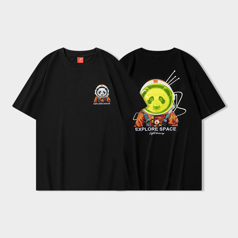 Short Sleeve Space Panda Embroidery T-Shirt - Heavy Craft My Store