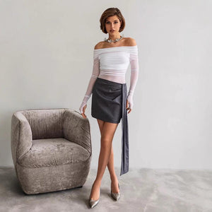 Women's Solid Color Slim-Fit Off-Neck Mesh Top – Street Fashion Long Sleeve Pullover - MRC STORE