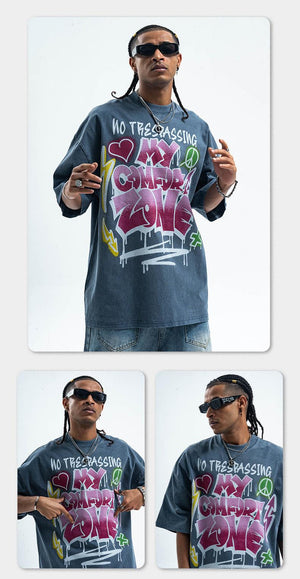 Retro Distressed Letter Print T-Shirt – Washed and Dyed Cotton for Everyday Style - MRC STORE