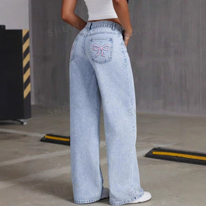 Vintage Bow Embroidered Washed Jeans for Women - Straight Loose Trousers My Store