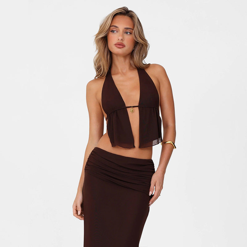 Women’s Halter Skirt Suit - Cut-Out Brown Set My Store