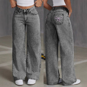 Vintage Bow Embroidered Washed Jeans for Women - Straight Loose Trousers My Store