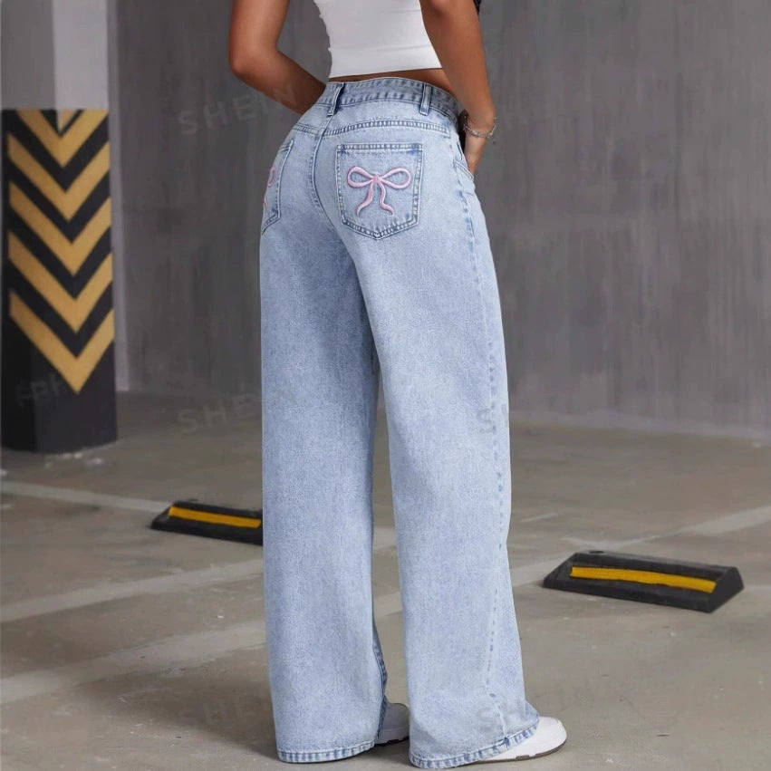Vintage Bow Embroidered Washed Jeans for Women - Straight Loose Trousers My Store  29.99