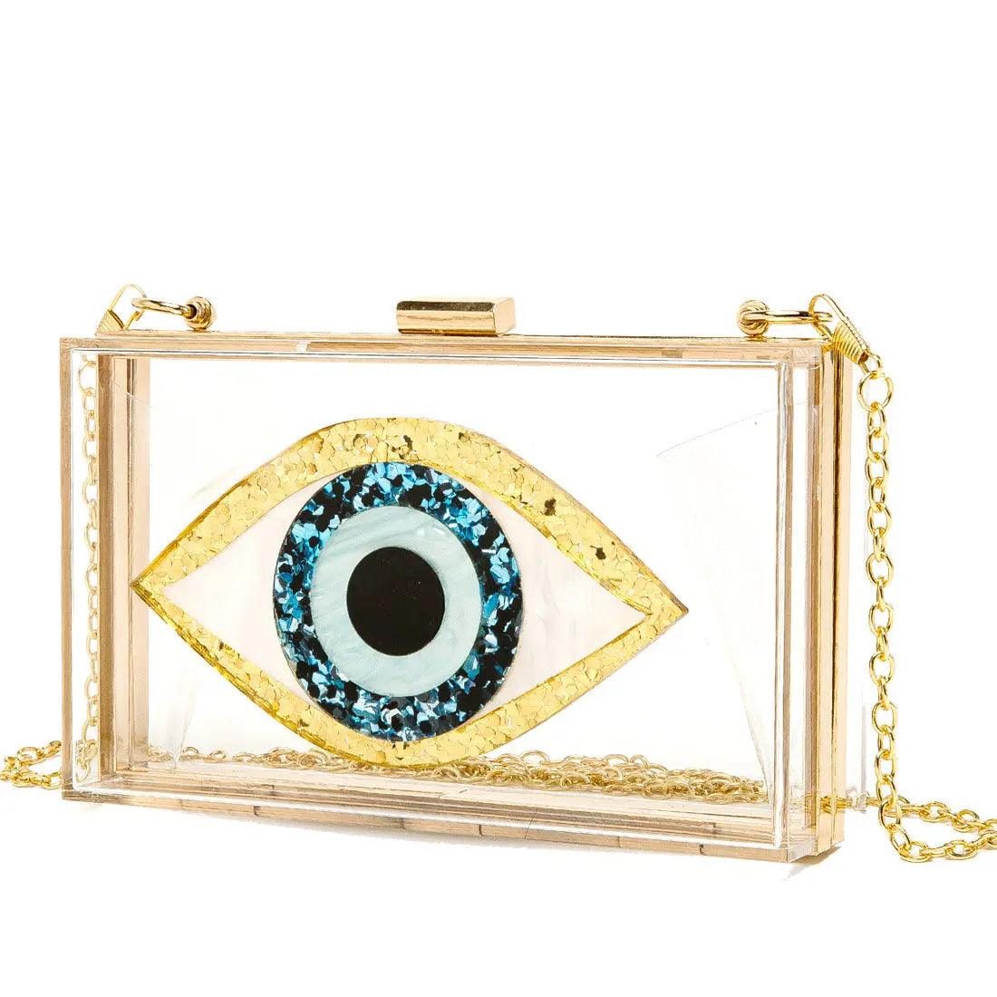 Luxury White Marbled Acrylic Clutch with Evil Eye Chain – Designer Summer Handbag - MRC STORE