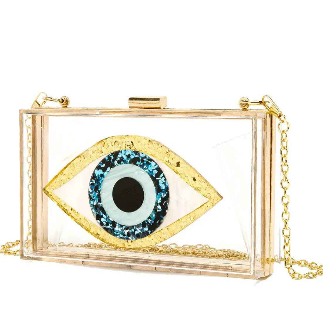 Luxury White Marbled Acrylic Clutch with Evil Eye Chain – Designer Summer Handbag