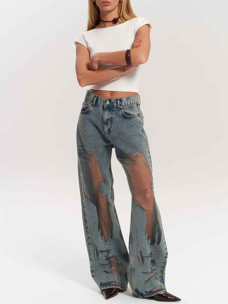 Vintage Hollow Textured Straight-Leg Jeans