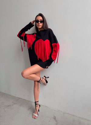 Love Pattern Round Neck Pullover Sweater - MRC STORE