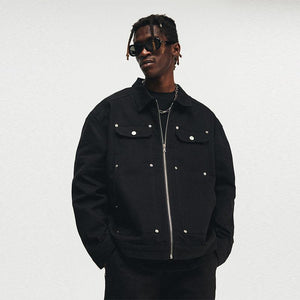Men's Black Washed Denim Jacket with Zipper and Pocket Detailing - Retro Streetwear Style - MRC STORE