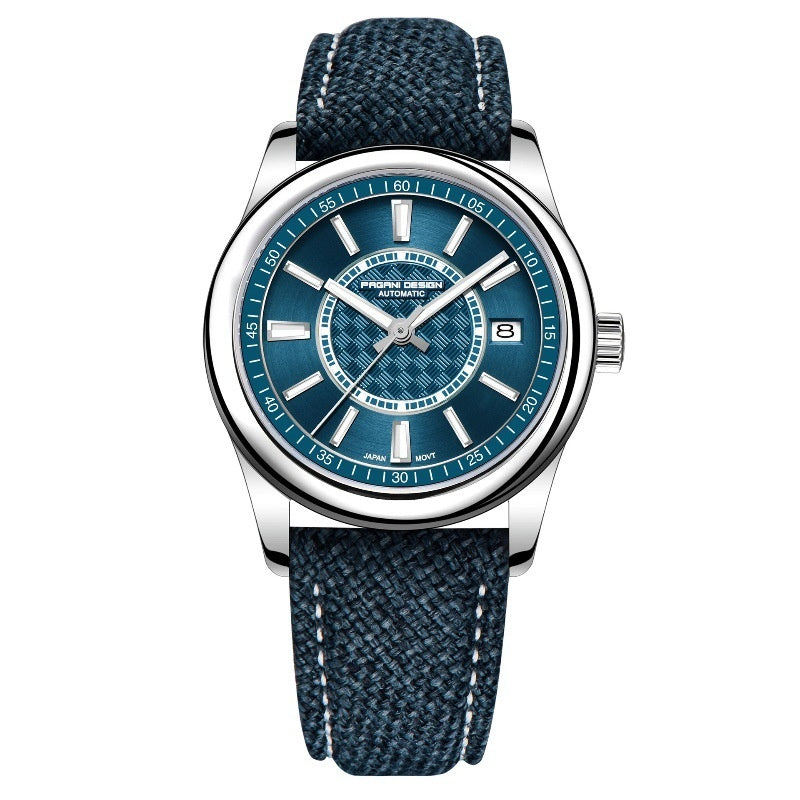 Watch with blue face and strap on a white background